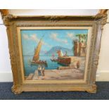 ITALIAN LAKE SCENE INDISTINCTLY SIGNED GILT FRAMED OIL PAINTING 54 X 65 CM Condition