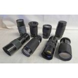 EIGHT CAMERAS LENSES INCLUDING SUNAGOR 1:4.5 80-205 MM, MIRAGE 1:4.5 - 5.6 70-210MM, SIGMA F1:4-5.