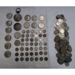 VARIOUS BRITISH & FOREIGN SILVER COINAGE TO INCLUDE 1890 VICTORIA CROWN, 1800 GEORGE III MAUNDY 1D,