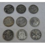 SELECTION OF 9 CROWN SIZED COINS TO INCLUDE 1889 & 1900 VICTORIA CROWNS, 1902 EDWARD VII CROWN,