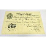 1956 BANK OF ENGLAND FIVE POUNDS WHITE BANKNOTE, O'BRIEN SIGNATURE,