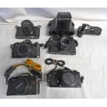 SIX 35 MM SLR CAMERAS INCLUDING RICOH KR-5 WITH 1:2.2 55 MM LENS, CHINON CE-5 WITH 1:1.