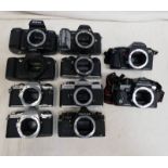 TEN 35 MMM SLR CAMERA BODIES INCLUDING NIKON F - 801, PENTAX ME, FUKICA ST 605N AND OTHERS.