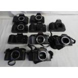 TEN 35 MM SLR CAMERA BODIES INCLUDING CANON T70, MINOLTA DYNAX SPXI, NIKON F90X AND OTHERS.