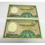2 X 1961 NATIONAL COMMERCIAL BANK OF SCOTLAND LIMITED FIVE POUNDS BANKNOTES,