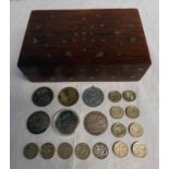 INLAID ROSEWOOD BOX WITH CONTENTS OF COINS TO INCLUDE 1888, 1895 & 1898 VICTORIA CROWNS,