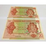 2 X CLYDESDALE BANK LIMITED TWENTY POUNDS BANKNOTES, C/A 044743,