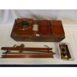 WOODEN CASED FOLDING CAMERA WITH BRASS FITTINGS & GLASS PANEL TO REAR,