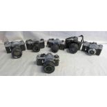 SIX 35MM SLR CAMERAS INCLUDING PENTAX ME SUPER WITH 1:2.8 28MM, YASHICA TL-E ELECTRO WITH 1:1.