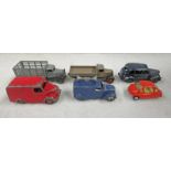 SELECTION OF PLAYWORN DINKY TOY MODEL VEHICLES INCLUDING AUSTIN TAXI, TROJAN VAN,