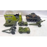 AIRFIX 1:32 SCALE ABBOT S.P. GUN TOGETHER WITH 2 X DINKY TOYS U.S. JEEPS AND OTHERS.