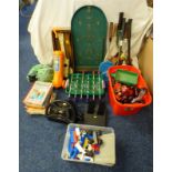 SELECTION OF VARIOUS ITEMS INCLUDING TOY CARS, BADMINGTON AND TENNIS RACKETS, CDS, BOOKS AND OTHERS.