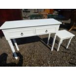 PAINTED HALL TABLE WITH 2 DRAWERS ON TURNED SUPPORTS & MATCHING OCCASIONAL TABLE,