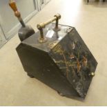 PAINTED METAL COAL BOX WITH BIRD DECORATION & BRASS FIXTURES