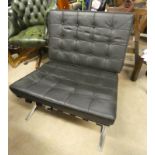 20TH CENTURY CHROME & BLACK LEATHERETTE BUTTON BACK CHAIR ON CROSS SUPPORTS