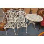 CAST METAL PAINTED CIRCULAR GARDEN TABLE & SET OF 4 MATCHING GARDEN ARMCHAIRS.