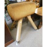 20TH CENTURY GYMNASTICS POMMEL HORSE WITH SUEDE LEATHER PADDED TOP ON PINE SUPPORTS,