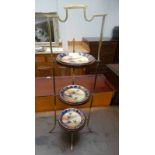 BRASS & MAHOGANY 3-TIER CAKE STAND & 3 HAND PAINTED PLATES WITH DESERT SCENES STAMPED CAMEL CHINA,