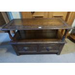 LATE 19TH CENTURY OAK MONKS BENCH WITH LIFT-UP TOP OVER LIFT-UP LID WITH CARVED DECORATION,