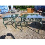 GLASS TOPPED SQUARE TABLE ON DECORATIVE METAL BASE WITH SHAPED SUPPORTS & 1 OTHER SIMILAR,