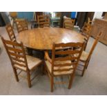 19TH CENTURY YEW WOOD GATE LEG DINING TABLE ON TURNED SUPPORTS & SET OF 8 YEW WOOD LADDER BACK