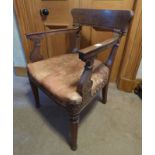 EARLY 19TH CENTURY MAHOGANY ARMCHAIR WITH SHAPED SCROLL WORK DECORATION & TURNED SUPPORTS