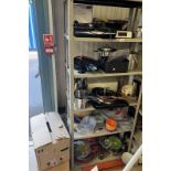 SKY HD BOX, POTS, PANS, TUPPER WARE, BOX OF GLASS JARS,