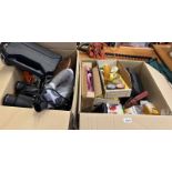 TWO BOXES CONTAINING VARIOUS TOOLS AND FITTINGS TO INCLUDE CALIPER, DRILL, BINOCULARS,
