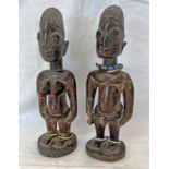 PAIR OF ERE IBEJI TWIN FIGURES, MALE FIGURE WITH BEAD BANDS TO NECK, BODY & LEGS,