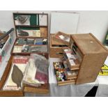 FLY TYING: 4 BOXES WITH CONTENTS TO INCLUDE VARIOUS FEATHERS, TURKEY BIOTS,