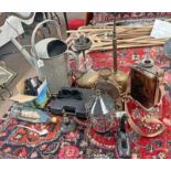 TWO TILLEY LAMPS, WATERING CAN, GLASS AND METAL HANGING LIGHT FITTING, SHIP IN A BOTTLE ETC.