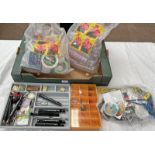 SELECTION OF FLY TYING RELATED ITEMS TO INCLUDE VARIOUS FLIES, HOOKS, SPECTRUM NOIR PENS, SCISSORS,