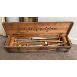 CROQUET BOX MARKED "HARRODS REGULATION" WITH CONTENTS OF MALLETS,
