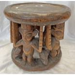 YORUBU CARVED WOODEN STOOL BODY WITH MALE FIGURES,