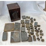 SELECTION OF WOOD PRINTING BLOCKS & A CARVED WOODEN BOX