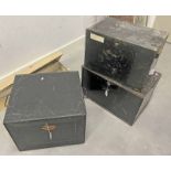 3 19TH/20TH CENTURY METAL DEEDS BOXES, LARGEST 54CM WIDE, 33.5CM DEEP & 33.