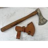 HATCHET/AXE WITH DAMASCUS PATTERN HEAD WITH WOODEN SHAFT & LEATHER SHEATH