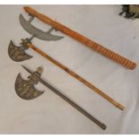 2 INDIAN ORNAMENTAL AXES & 1 OTHER AXE ON TURNED WOODEN SHAFT -3-
