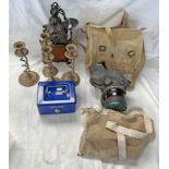 WW2 1939 DATED GAS MASK, 1953 DATED BRITISH MILITARY BAG, 4 CANDLESTICKS,