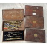 3 EMPTY MEASURING / DRAWING SET BOXES & 1 BOX WITH CONTENTS OF VARIOUS COMPASSES,