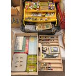 FLY TYING: WOODEN BOX WITH SECTIONAL INTERIOR & STANLEY TOOL BOX WITH CONTENTS OF VARIOUS THREAD,
