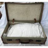 CANVAS & LEATHER SUITCASE WITH CONTENTS OF VARIOUS LINEN
