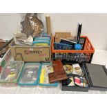 FLY TYING: 2 BOXES WITH VARIOUS CONTENTS TO INCLUDE TOOLS, 2 LEATHER FLY WALLETS WITH CONTENTS,