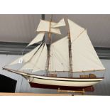 WOODEN MODEL BOAT / YACHT ON STAND, 75CM TALL Condition Report: Needs a good clean.