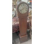 OAK CASED GRANDMOTHER CLOCK WITH SILVERED DIAL.