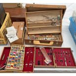 FLY TYING: 3 WOODEN BOXES CONTAINING VARIOUS FLY TYING EQUIPMENT & PARTS TO INCLUDE STANDS,