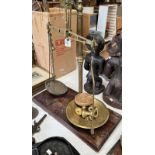 AVERY SCALES WITH WOOD BASE AND BRASS PANS AND WEIGHTS