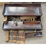 JOINERS WOODEN TOOL BOX WITH CONTENTS OF VARIOUS VINTAGE TOOLS TO INCLUDE NO.