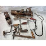 TOOLS TO INCLUDE 2 WOOD PLANES, BRACE, SPOKE SHAVE, DRILL BITS,