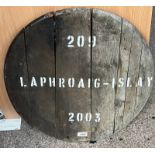 WHISKY BARREL LID MARKED 'LAPHROAIG - ISLAY 2003"